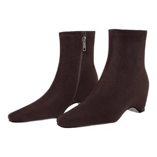 星期六黑色短靴女2025秋冬方头粗跟加绒保暖时装靴显瘦弹力瘦瘦靴