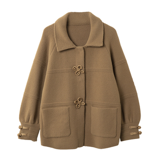 宝诗黎翻领宽松短款毛呢外套女2026春季韩版百搭休闲小个子上衣
