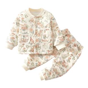 婴儿夹棉套装秋冬季加厚睡衣120g加棉内衣套装男女宝宝家居服保暖