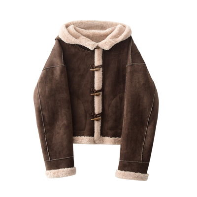 JIUJIU复古牛角扣连帽皮毛一体外套女2025新款加厚麂皮绒毛毛上衣