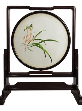 艺绫手工刺绣精品1丝双面绣兰花摆件非遗中式古典红木高档装饰品