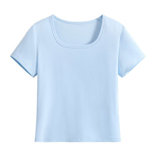 都市丽人方领短袖t恤女夏季2026新款正肩修身打底衫女士低领上衣Y