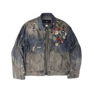 今日青年FACEONLAB 重工泥染设计感牛仔底特律夹克 宽松休闲外套