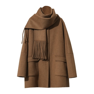 Amii2025冬新款超宽松中长无弹配围巾落肩全羊毛双面呢外套大衣