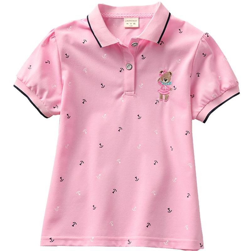 2024夏季新款女童有领短袖t恤学生POLO衫纯棉童装小熊短t夏装翻领
