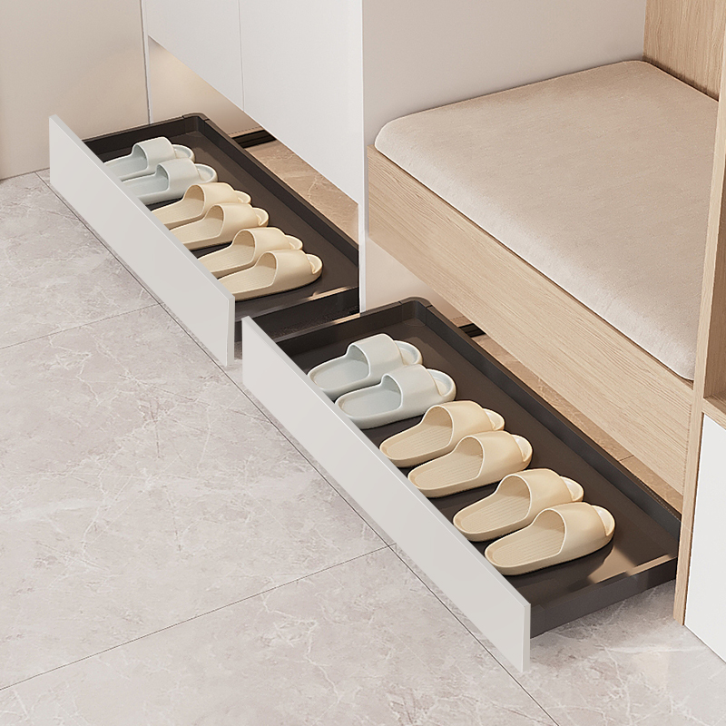 踢脚抽屉鞋柜底部下方抽拉托盘入户玄关柜内悬空伸缩反弹滑轨