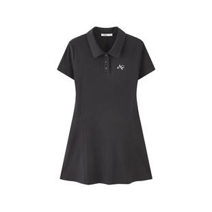 三福连衣裙女2026新款夏季简约刺绣Polo领收腰修身黑色短裙子女装
