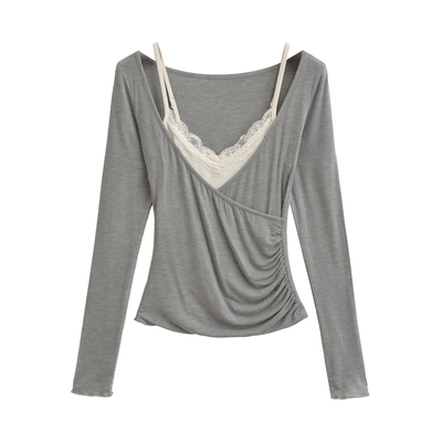 蕾丝吊带褶皱修身长袖T恤两件套