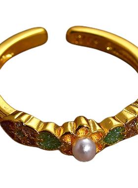 古法沙金珐琅彩花丝珍珠开口戒指