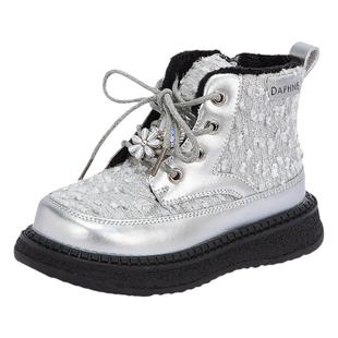 达芙妮儿童马丁靴2025冬季新款女童靴子中大童女孩短靴亮片公主靴