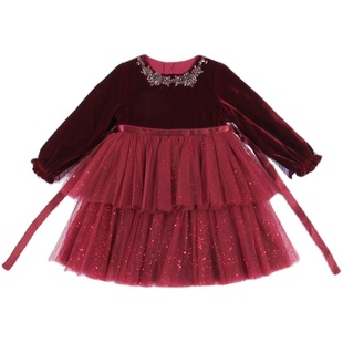 新年红色女童丝绒连衣裙儿童裙子加绒冬季童装小宝宝公主裙秋冬