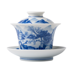 景德镇纯手工陶瓷手绘山水马蹄盖碗青花瓷泡茶碗高端功夫茶具收藏