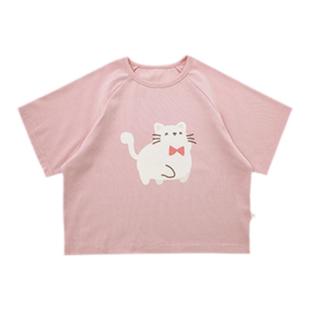 幼悠 女童卡通猫咪短袖夏季儿童宽松休闲插肩袖T恤宝宝简约五分袖