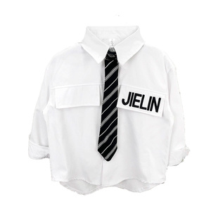 男童白色衬衫送领带秋冬款中大童装宝宝加绒上衣儿童长袖衬衣加厚