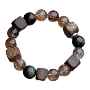 【花火】莺歌绿奇楠沉香方珠随形单圈黑金超七黑曜石单圈手串