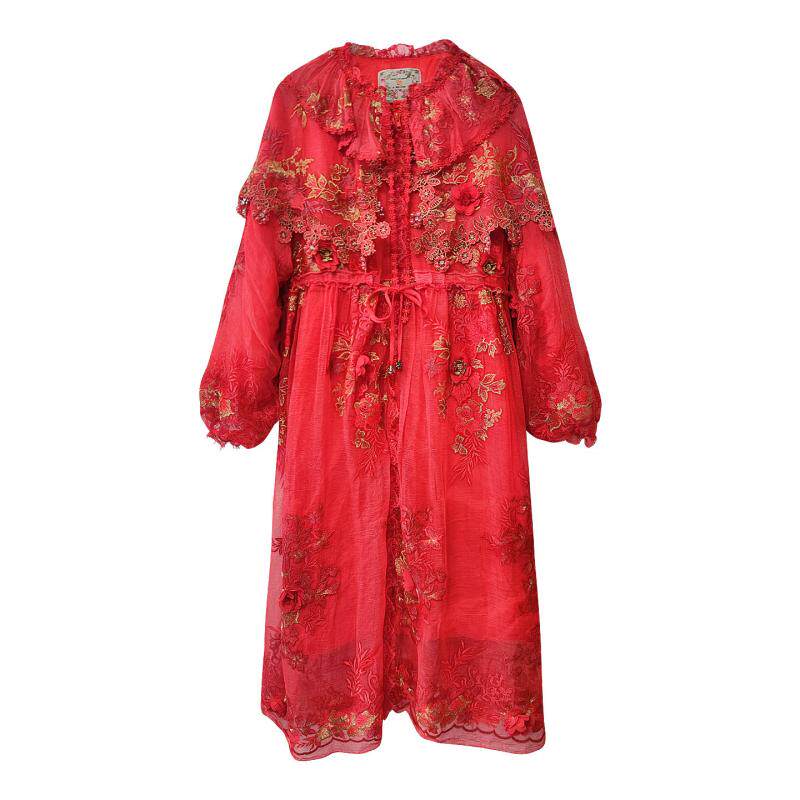桑蚕丝棉服女复古红色高级感轻奢刺绣宽松收腰中长款轻薄保暖外套