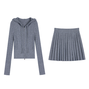 MULVAN 拉夫学院 麻花连帽拉链针织开衫女上衣+a字百褶半身裙套装