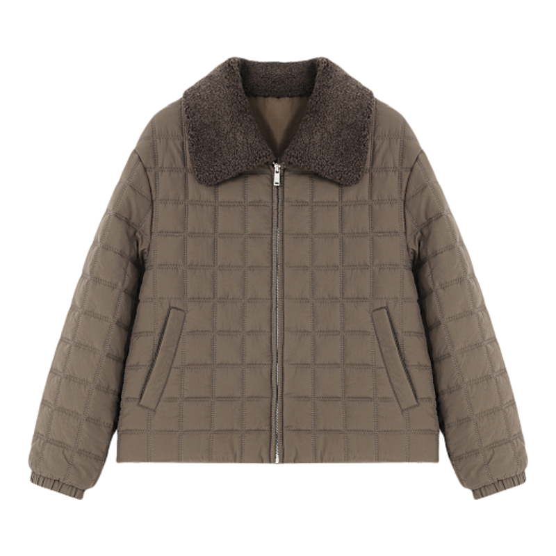 Basic House/百家好冬季新款翻领格子短款棉服女保暖百搭简约上衣