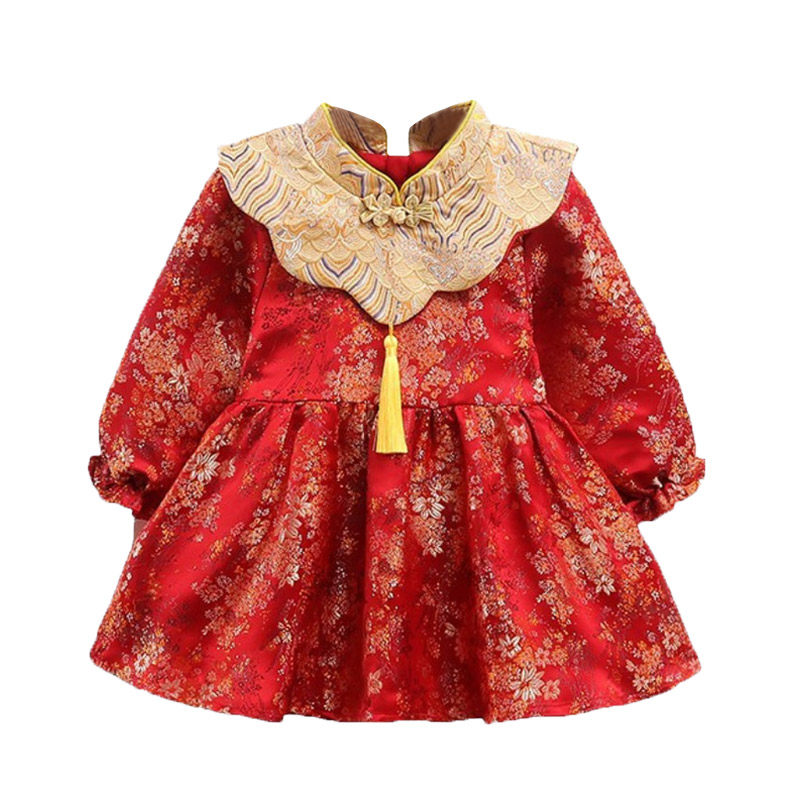 红色中式抓周周岁礼服女宝宝春秋