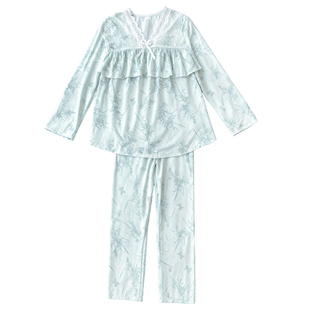 棉绸长袖长裤睡衣女士遮胸简约舒适家居服春夏季防凸点人造棉套装