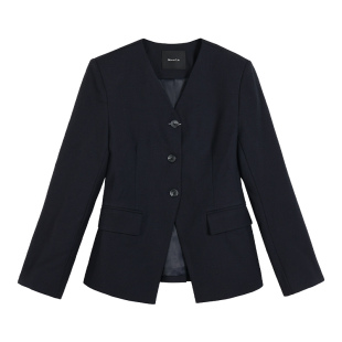 Maven Lin 藏青色V领收腰西装外套女韩系气质简约无领西服上衣