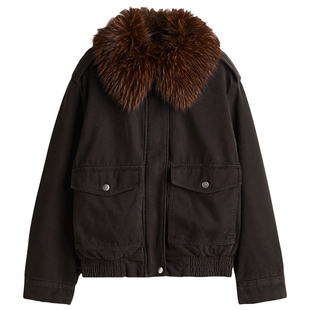 HM女装夹克冬季质感老钱风美式宽松毛茸领外套1298576