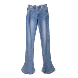 欧美风 辣妹高腰修身显瘦马蹄牛仔裤复古微喇显腿长拖地裤长裤女