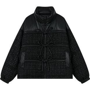 UOOYAA/乌丫立体盘扣蝴蝶结粗花呢拼PU蛋白皮羽绒服