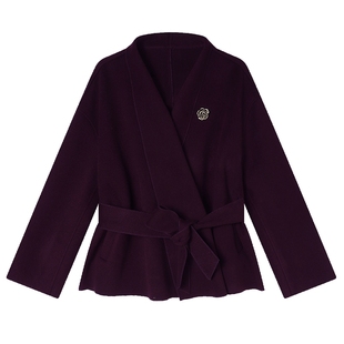 白鹿语千金风高级感V领毛呢外套25秋冬新款简约纯色系带收腰大衣