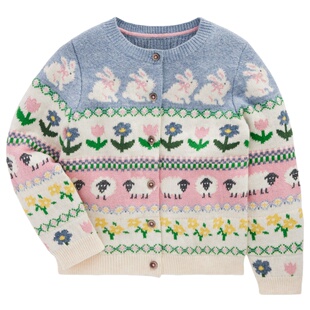 代购 MiniBoden儿童毛衣 26春秋女童冰川蓝兔岛屿针织开衫 2-14岁