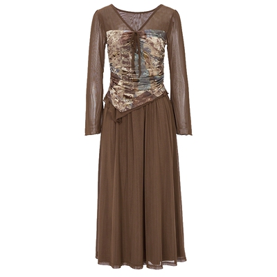 马天奴咖色植绒V领上衣半裙套装