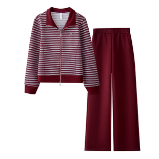 条纹开衫休闲运动套装女春秋2026新款洋气百搭立领两件套妈妈服装