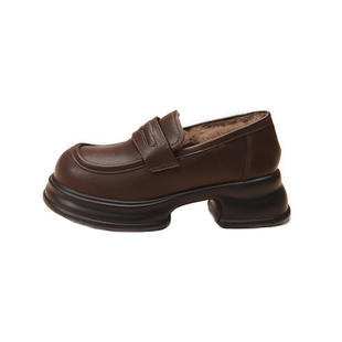 厚底6CM增高真皮乐福鞋女2026冬季新款英伦风百搭兔毛加绒小皮鞋