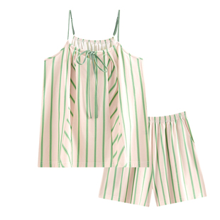 新款吊带短裤睡衣女夏莫代尔棉甜美条纹家居服两件套性感纯欲睡裙