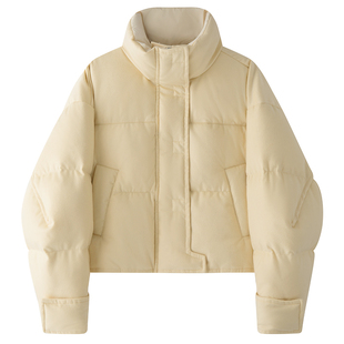 N·MORE设计师品牌  灰色L型门板立领短款鹅绒羽绒服女