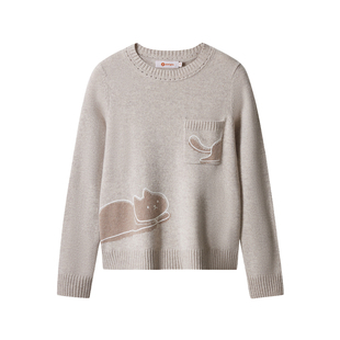 皮皮狗【无染色羊绒】25秋冬新款圆领卡通猫咪图案镂空针法羊绒衫