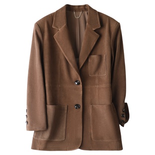 美拉德老钱风柔雾感牛皮反绒皮衣女中长款阔版西装真皮外套2025秋