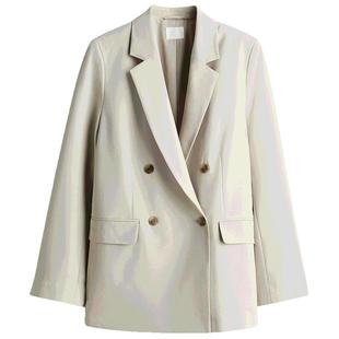 HM女装西装春季通勤质感学院风双排扣平驳领宽松西服外套1232584