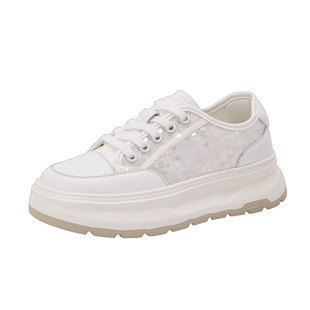 沙驰女鞋国风百搭小白鞋厚底女板鞋春季新款透气轻便网面休闲鞋子