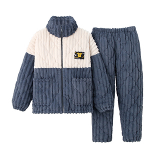 冬款男士拉链玫瑰绒三层加厚夹棉睡衣保暖冬中青年加绒家居服套装