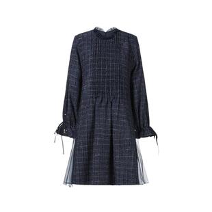 sdeer圣迪奥冬装女装圆领风琴褶格纹网纱连衣裙S234Z12G1