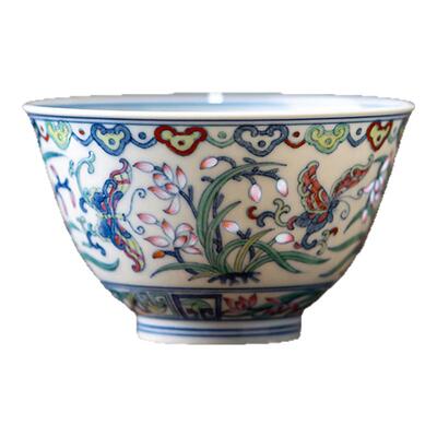 富玉窑手绘斗彩幽兰蝶舞品茗杯