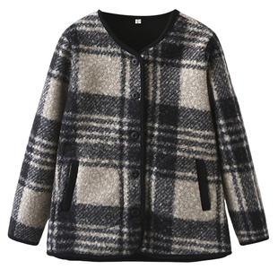 大码女装胖mm加厚黑色格纹毛呢大衣女秋冬新款高级感短款呢子外套