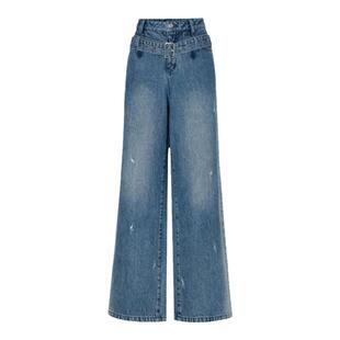 【商场同款】HPLY荷比俪春秋新款女靛蓝色斜纹牛仔风格长裤