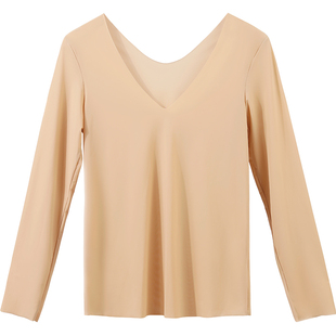 STW秋衣女超薄款无痕内衣肤色v领打底衫上衣隐形肌底衣低领面膜衣