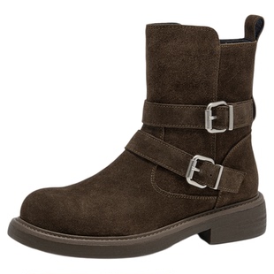 BeauToday短靴女款2025新款秋季英伦风骑士靴真皮复古西部牛仔靴