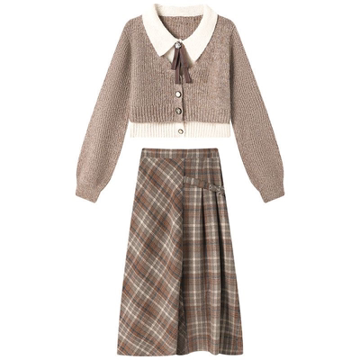 学院风假两件毛衣套装连衣裙女