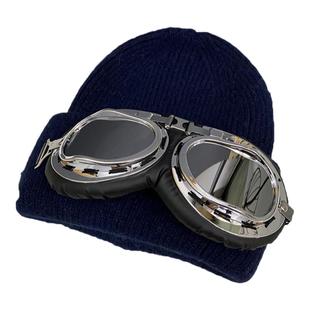 冬季加厚针织帽子女韩版潮飞行员眼镜兔毛保暖时尚毛线帽护耳帽男