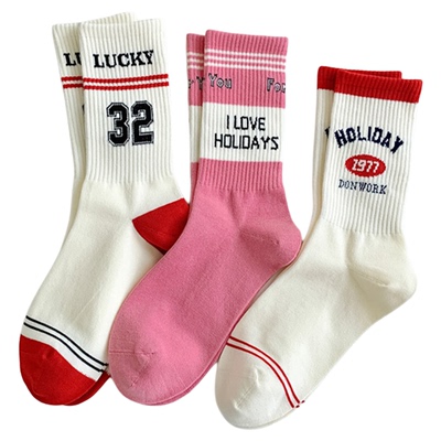 粉色字母条纹运动袜子女中筒袜