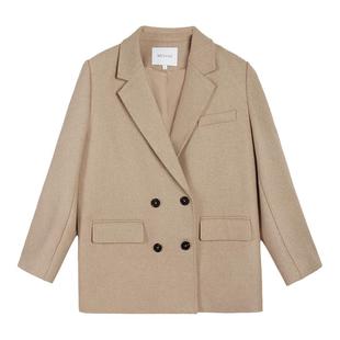 MULVAN【现货5折】 黑色西装毛呢外套女短款秋冬双排扣呢子大衣